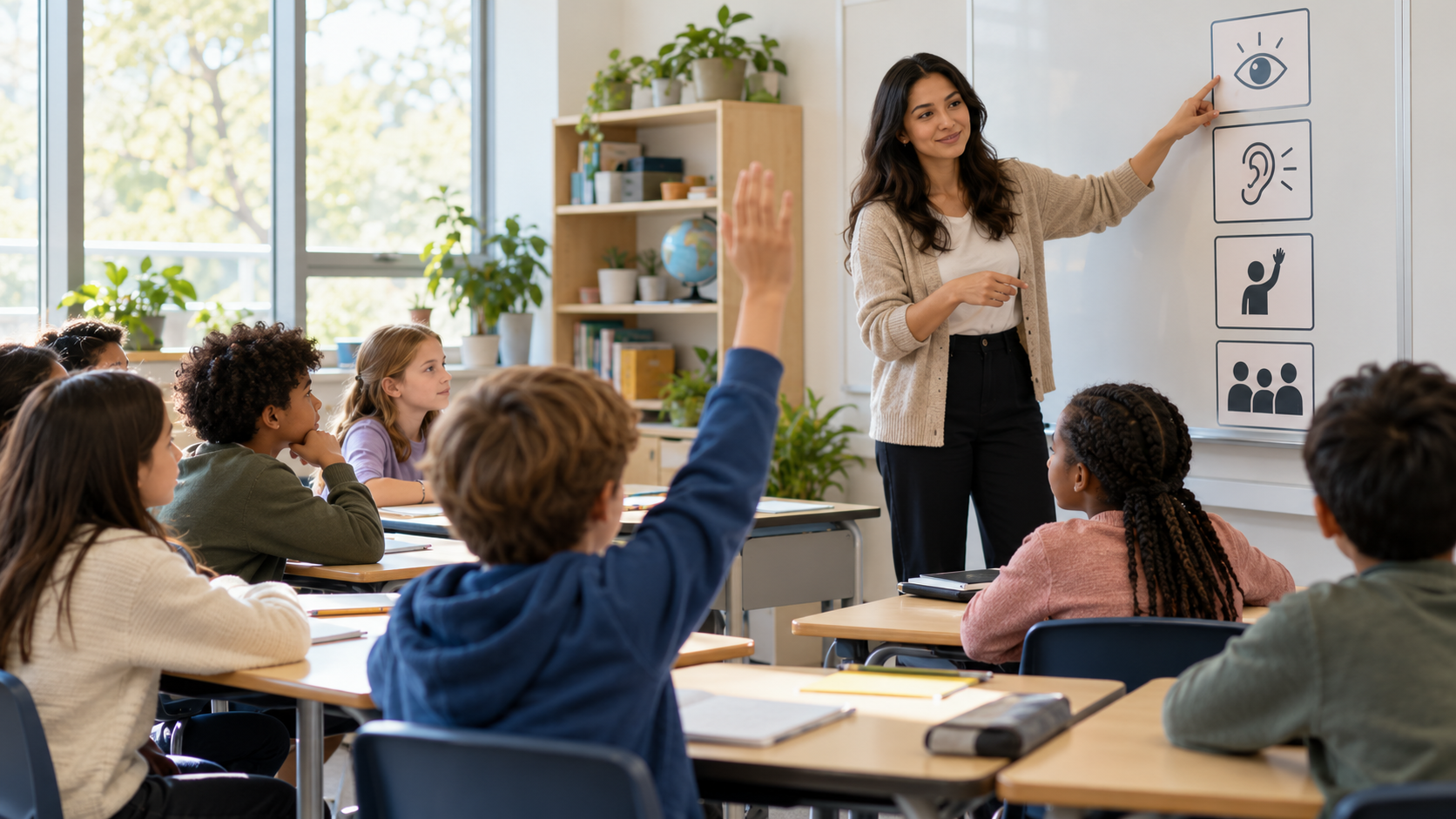 A teacher guiding classroom routines and respectful turn-taking